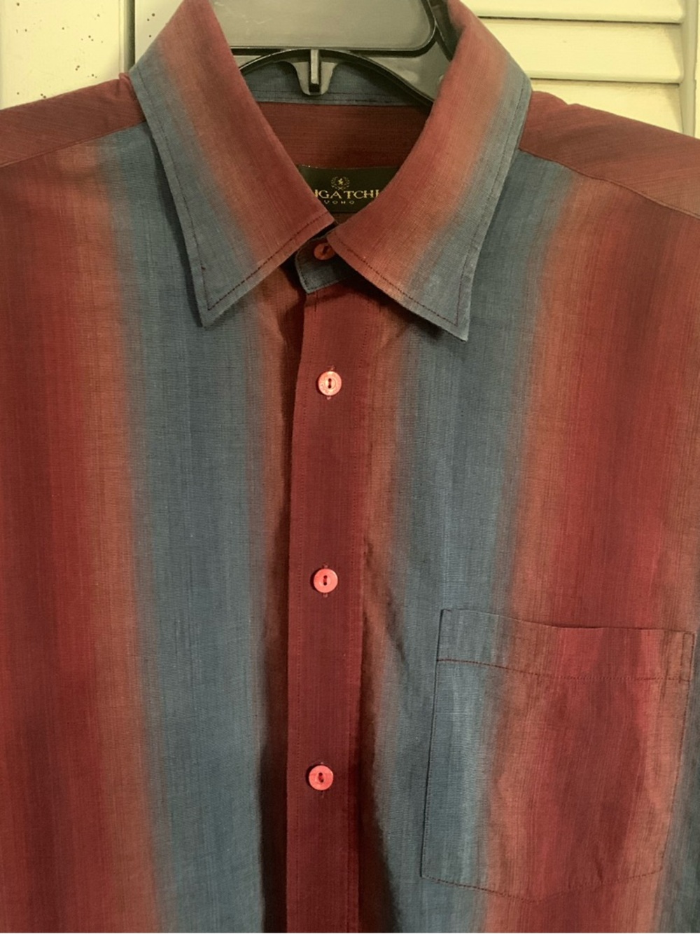 Bugatchi Uomo Men's Burgundy and Blue Vertical Stripe Button-Down Shirt - Picture 2 of 8